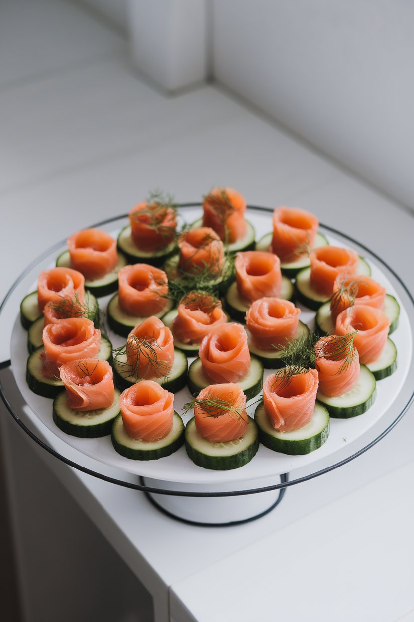 Indoor photo of cucumber rounds topped with smoked salmon rosettes and dill on a white serving tray. No text or logos.