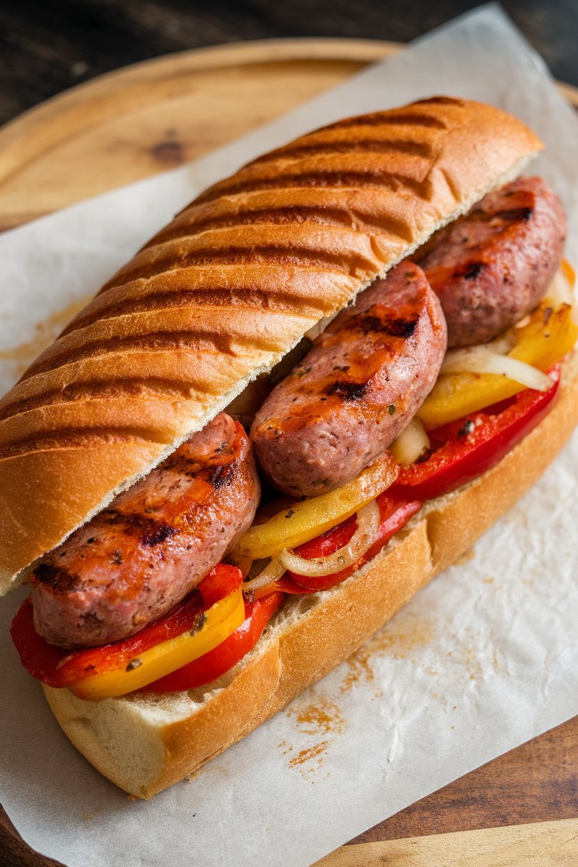An indoor countertop showcasing a toasted hoagie filled with saucy sausage, onions, and bell peppers; photo only, no text or logos.
