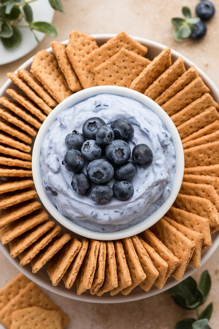 Indoor bowl of creamy blueberry dip with graham crackers arranged neatly around it, no text or logos. Photo only.