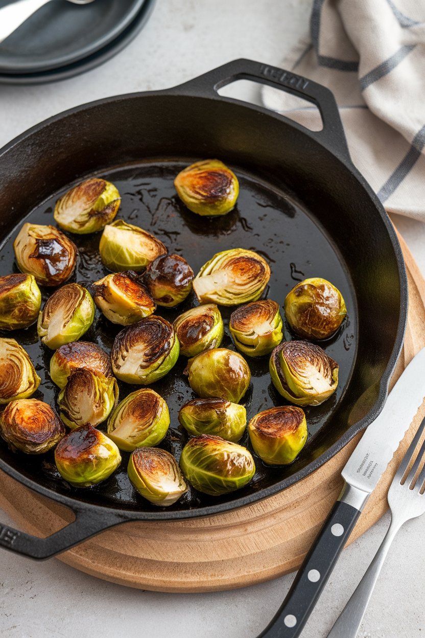 Indoor photo of roasted Brussels sprouts glazed with balsamic reduction, served in a cast-iron skillet. No logos or text.