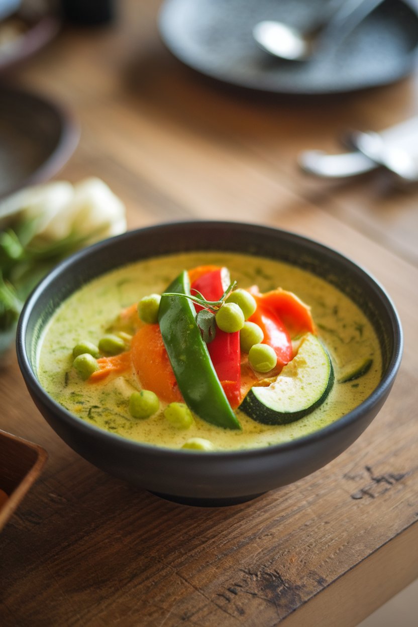 An indoor tabletop showing a bowl of Thai green curry loaded with bell peppers, zucchini, and snap peas in a coconut broth. No text or logos. Photo.