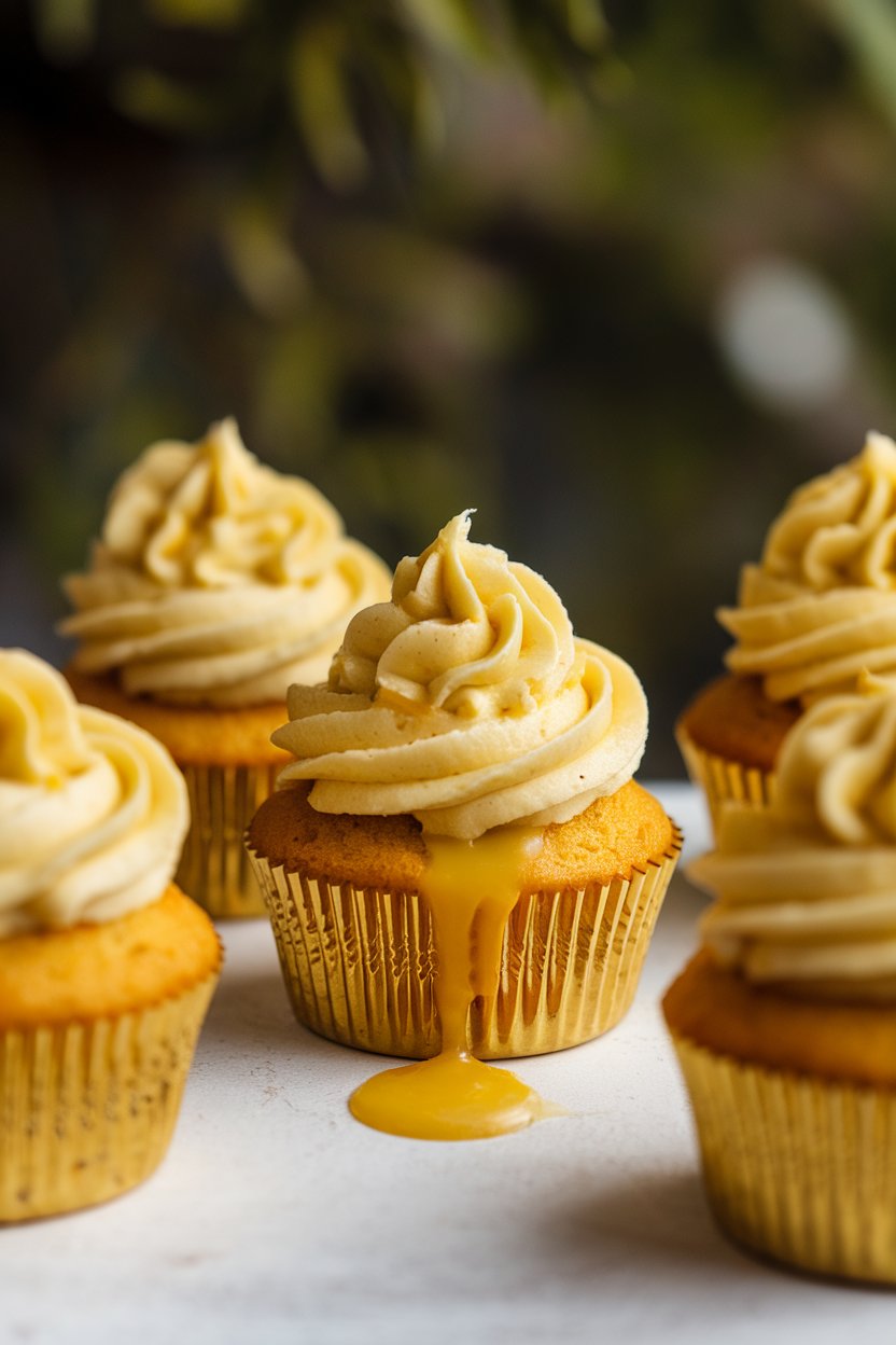 Indoor photo of golden cupcakes with passionfruit curd filling oozing slightly, frosting swirl, no text or logos