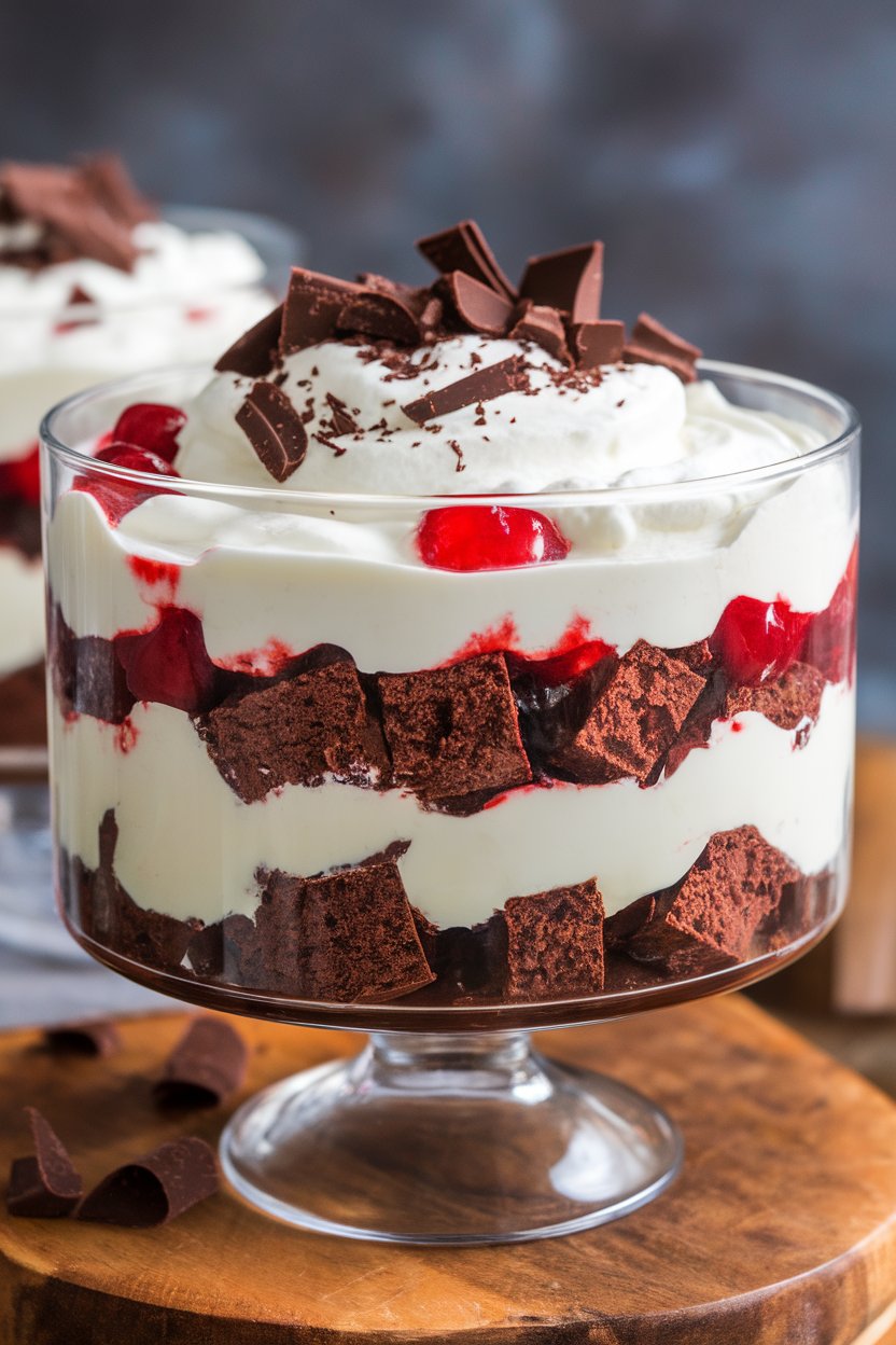 A clear indoor trifle dish layered with brownie chunks, whipped cream, and cherry pie filling, chocolate shavings on top. No text or logos; photo, not illustration.