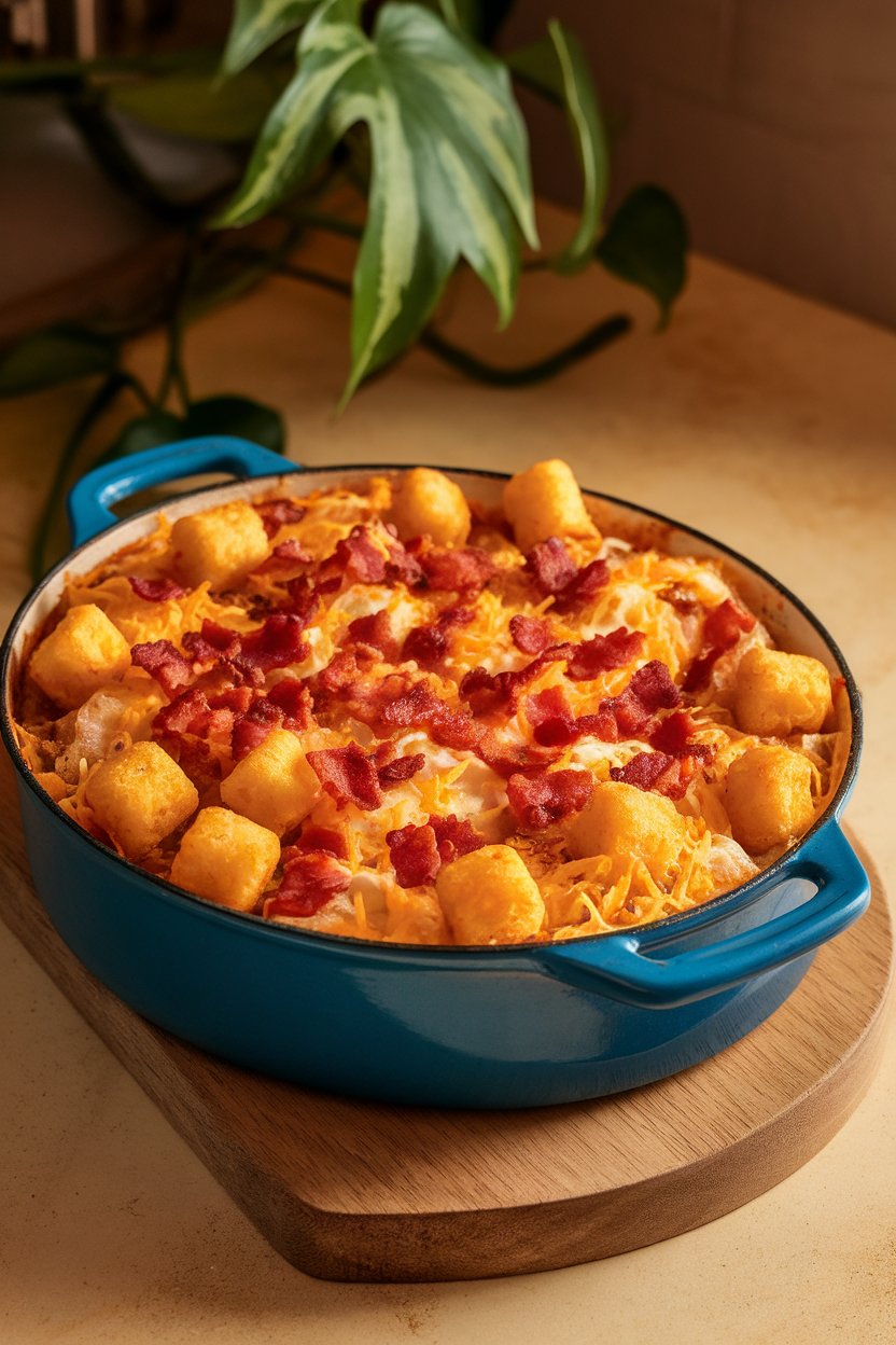 Indoor photo of a bubbling casserole topped with crisp tater tots, cheese, and bacon bits. No text or logos.