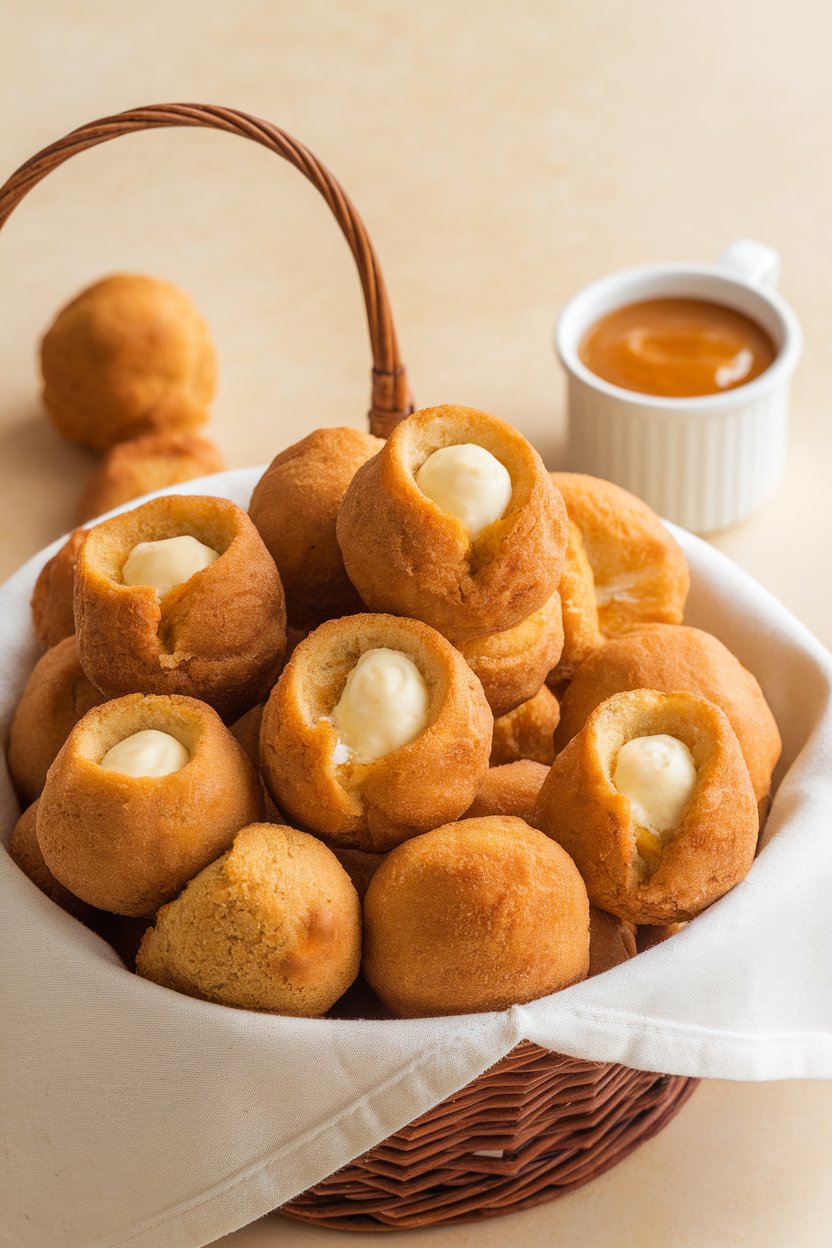 Indoor photo of golden hush puppies piled in a lined basket, small cup of honey butter on side; no text or logos.