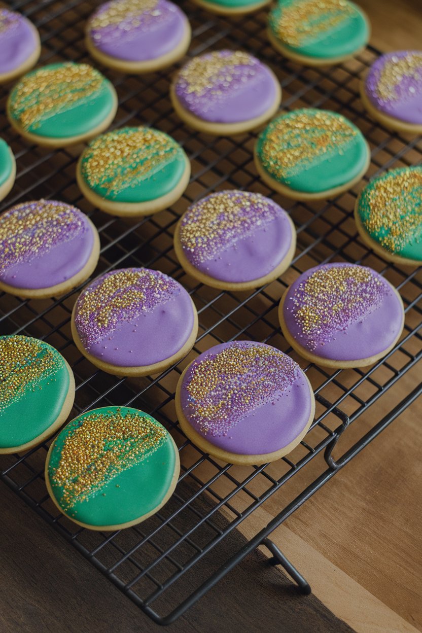 Indoor baking rack with round sugar cookies iced in purple, green, and gold royal icing, sprinkles sparkling. Photo, no text or logos.