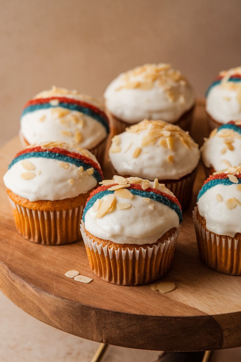 Photo of white-iced cupcakes with almond slivers and tri-color sugar stripe, indoor, no text or logos
