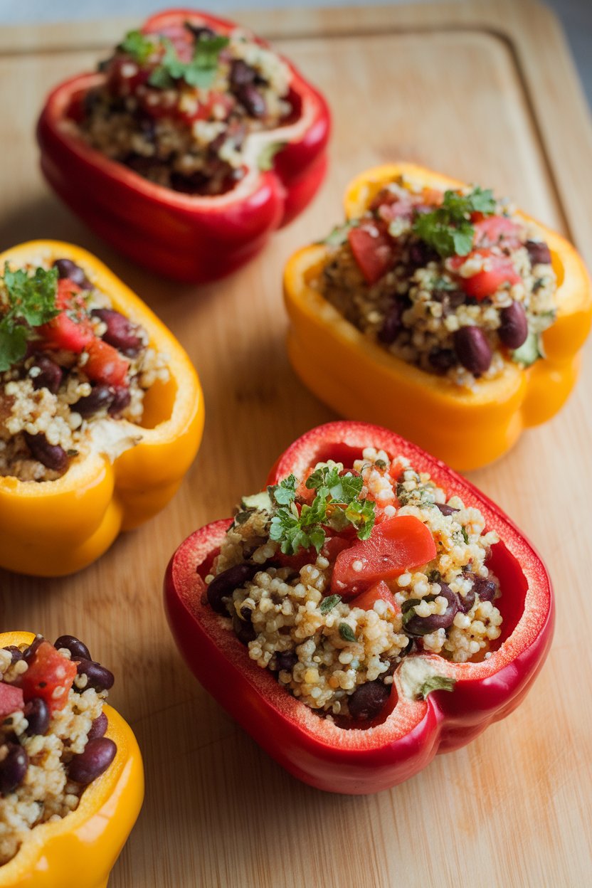 Indoor photo of halved red and yellow bell peppers filled with quinoa, black beans, diced tomatoes, and herbs, lightly browned on top. No text or logos.