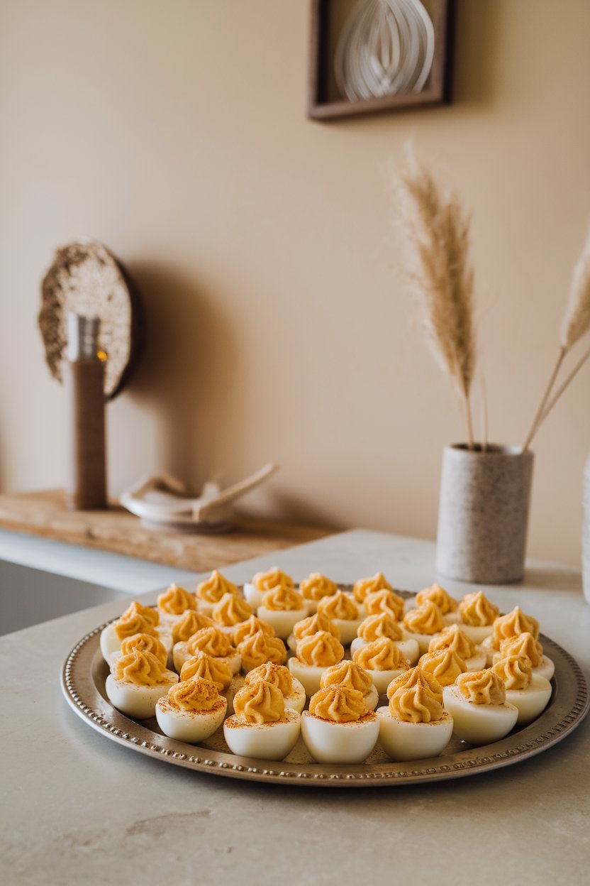 An indoor dining table with a deviled egg tray showcasing neatly piped yolk filling dusted with paprika. No text or logos. Photo, not illustration.