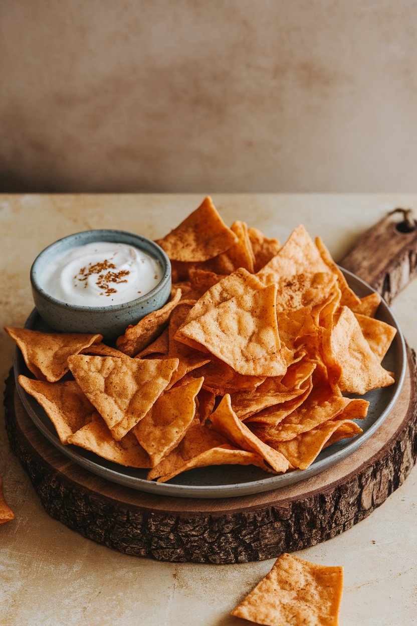 Indoor platter of baked cinnamon tortilla chips next to a small bowl of vanilla yogurt dip. No logos or text; photo only.