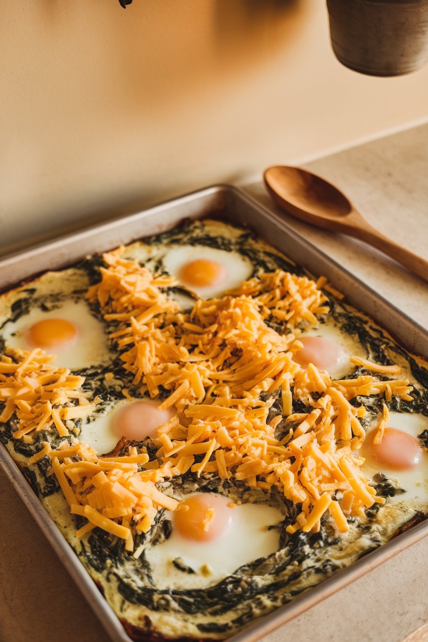 Indoor countertop with a sheet pan where baked eggs sit in a creamy spinach-artichoke mixture, cheese lightly browned. No text or logos.
