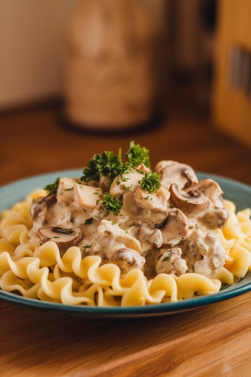 Indoor plate of creamy mushroom chicken stroganoff over buttered egg noodles. No logos.