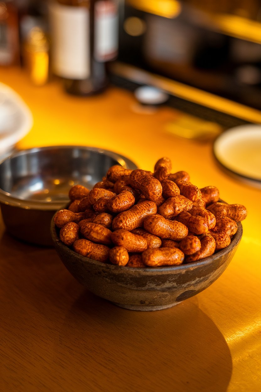 A warmly lit indoor bar top holding a rustic bowl of Cajun-spiced boiled peanuts, shells glistening, with an empty discard bowl beside it. No logos present.