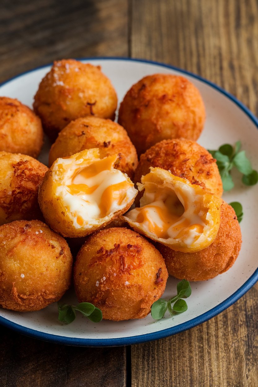 An indoor plate of round potato croquettes, crisp and golden, one broken open to reveal melted cheddar, no logos or text.