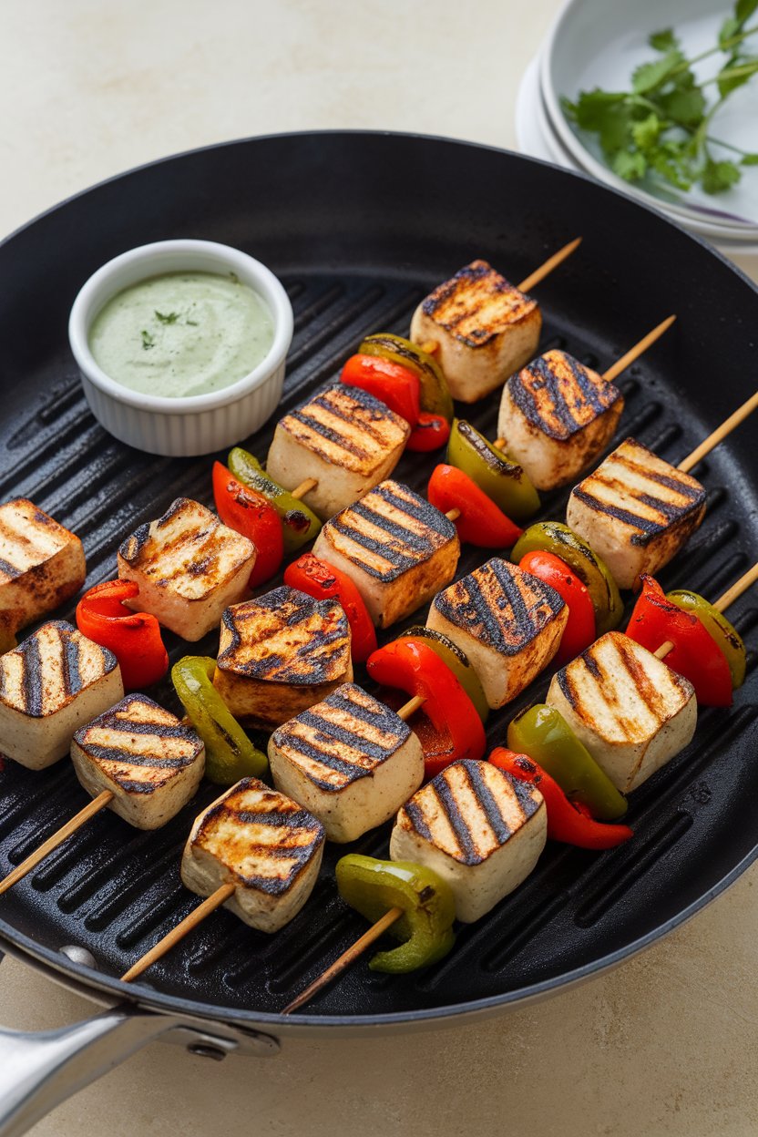Indoor grill pan holding skewers of charred paneer cubes and bell peppers, small ramekin of green yogurt sauce alongside. No text or logos. Photo.