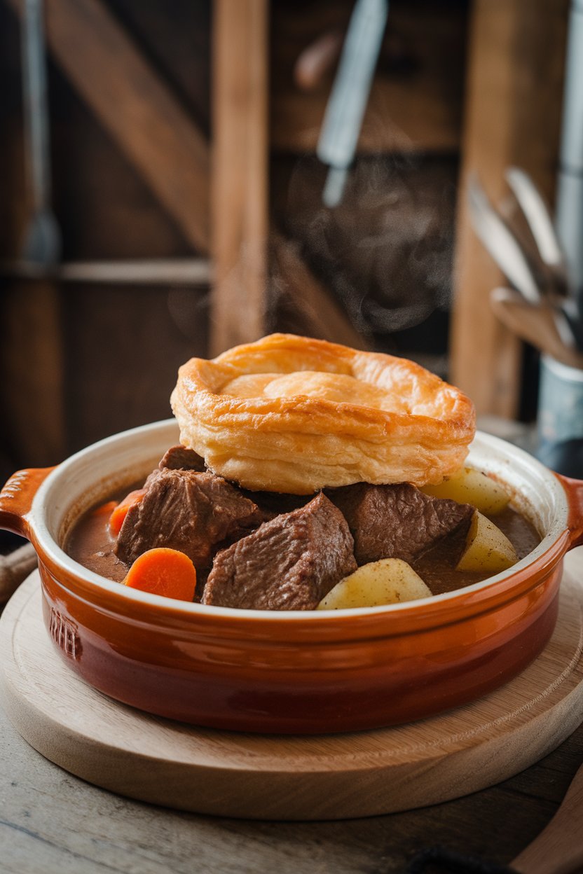 Indoor photo of rich beef stew topped with a golden puff pastry crust in a ceramic dish, steam escaping from a vent. No text or logos.