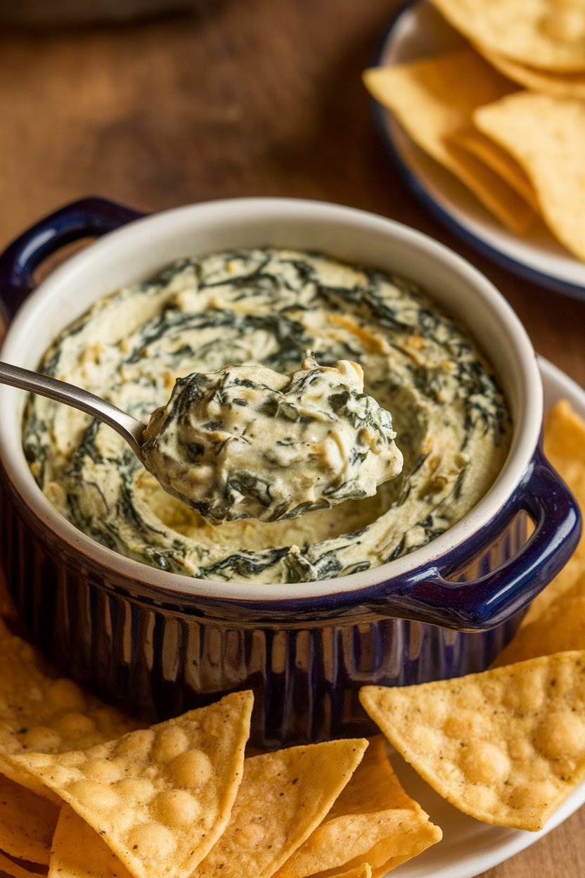 Indoor photo of a bubbling ceramic ramekin filled with creamy spinach-artichoke dip, a spoonful taken out, tortilla chips nearby. No text or logos.