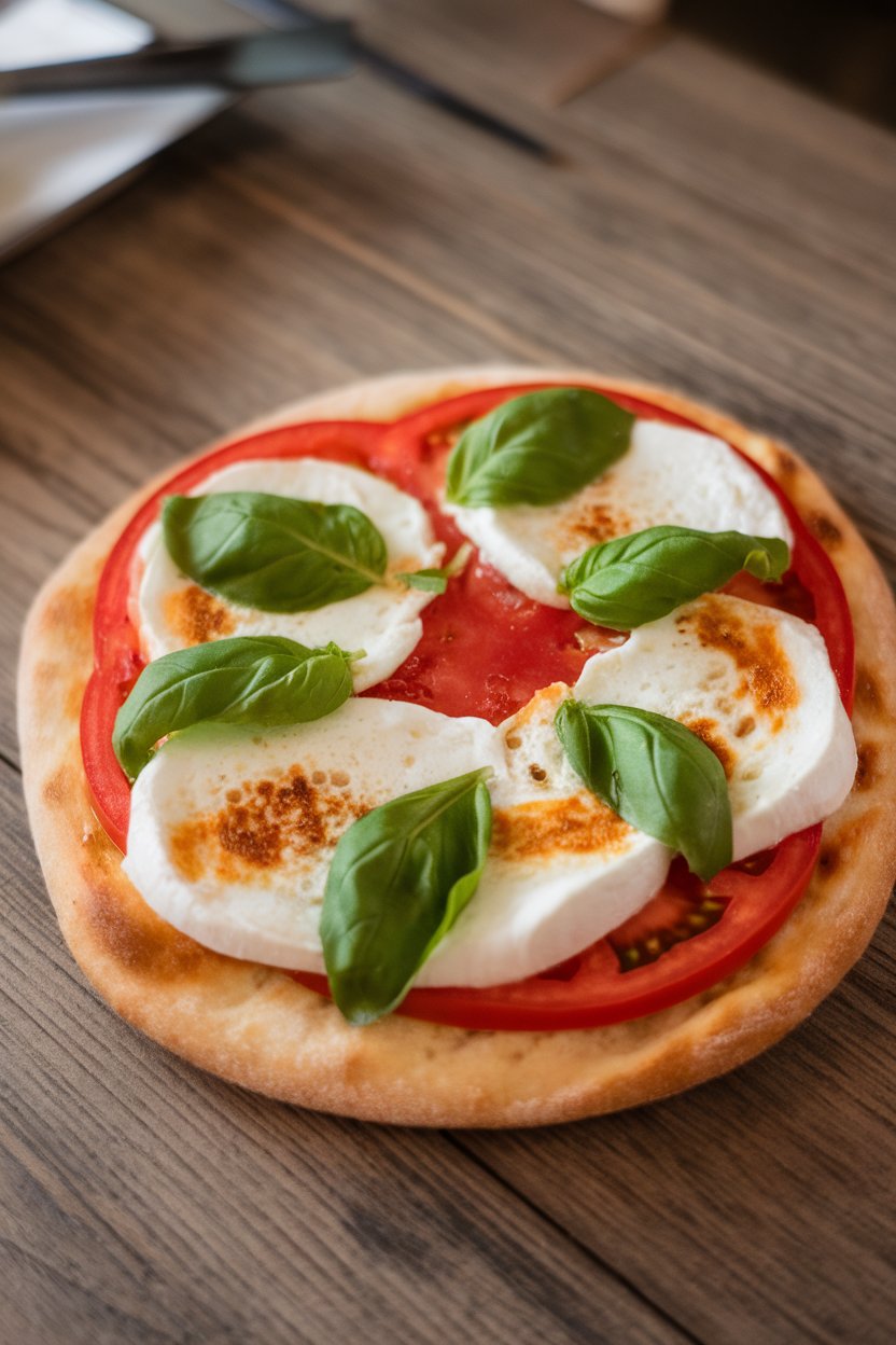 Indoor table showing a simple tomato, mozzarella, and basil flatbread, cheese bubbling, basil leaves bright green. No text or logos.