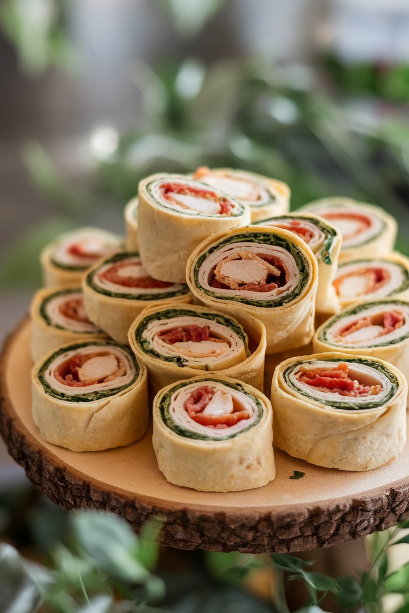 Indoor platter of tortilla pinwheel slices showing layers of chicken, bacon, ranch spread, and spinach. No logos or text.