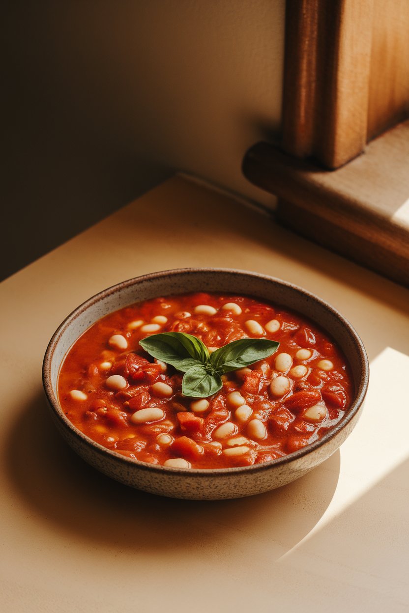 A shallow bowl on an indoor table holding a chunky tomato and white bean stew, torn basil leaves on top. Warm light, no text or logos.