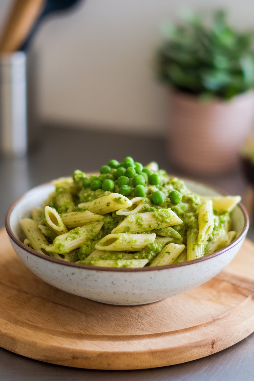 Indoor countertop featuring a bowl of penne coated in vibrant green pea-mint pesto, extra peas sprinkled on top. No text or logos. Photo, not illustration.