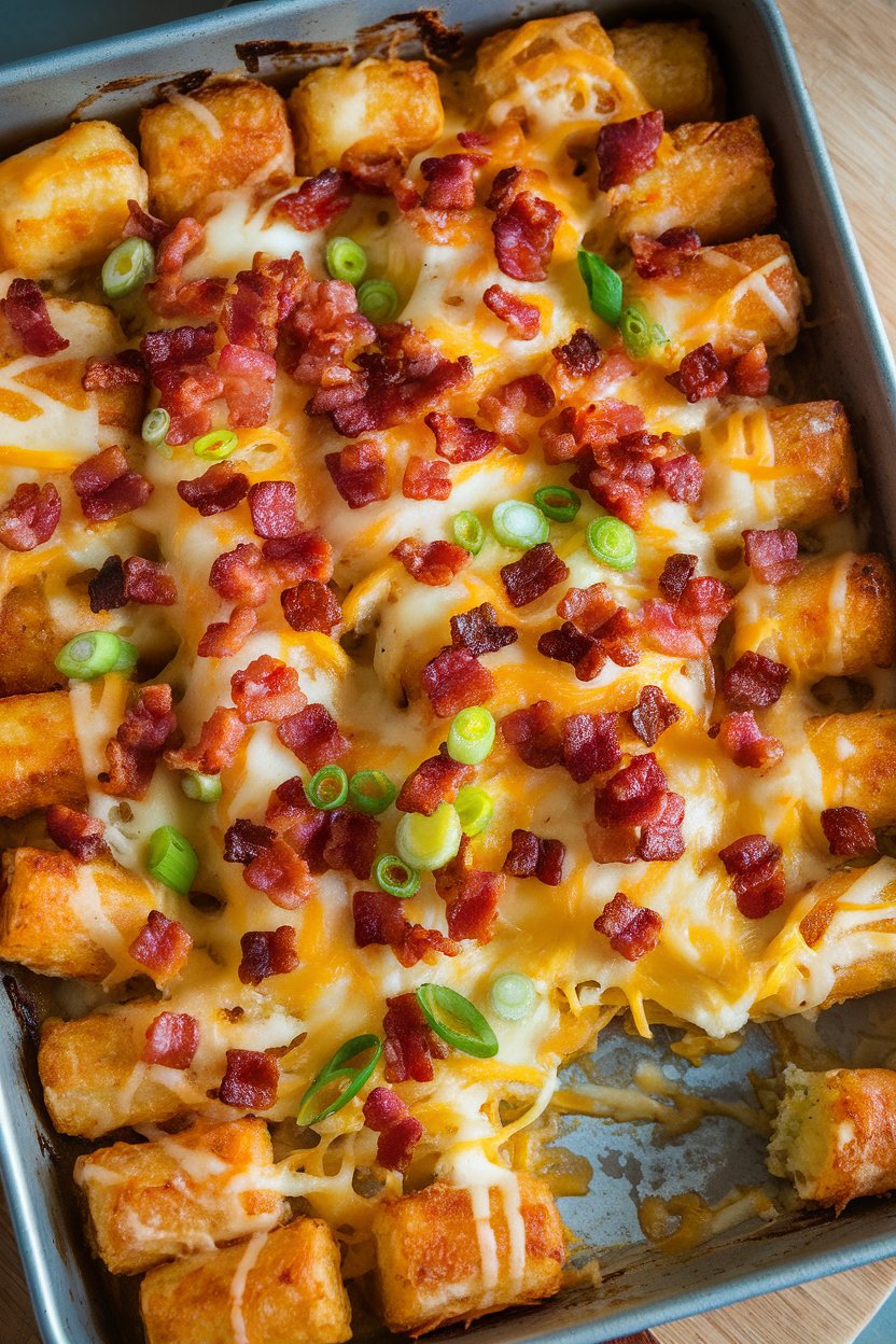 Indoor photo of a baking dish filled with crispy tater tots, melted cheese, bacon bits, and green onions. No text or logos.