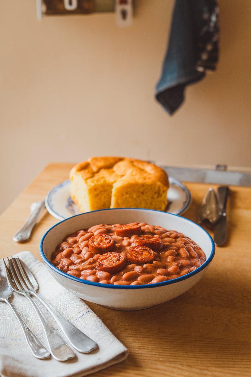 An indoor kitchen table with a bowl of creamy red beans studded with andouille slices over rice, side of cornbread. No text or logos. Photo.