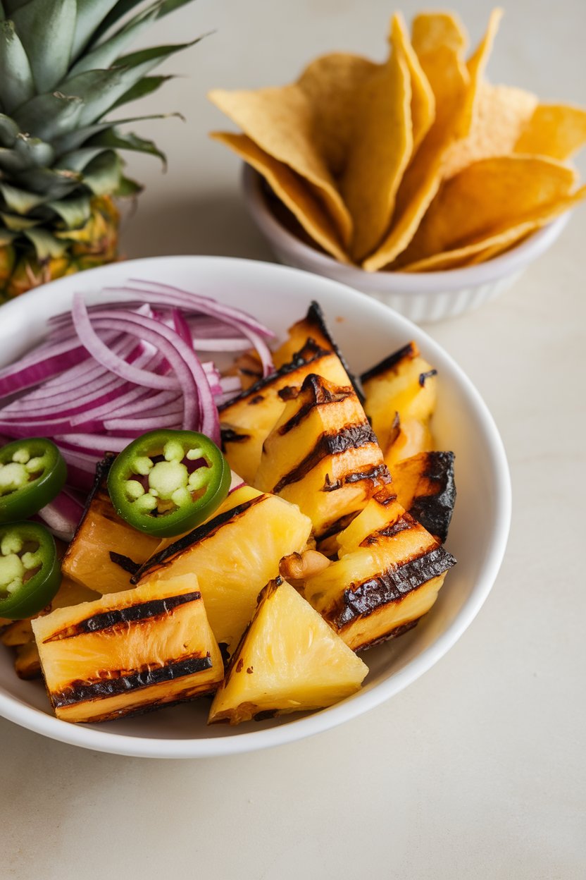 Indoor photo of char-marked pineapple chunks mixed with red onion and jalapeño in a white serving bowl, chips on the side. No logos or text.