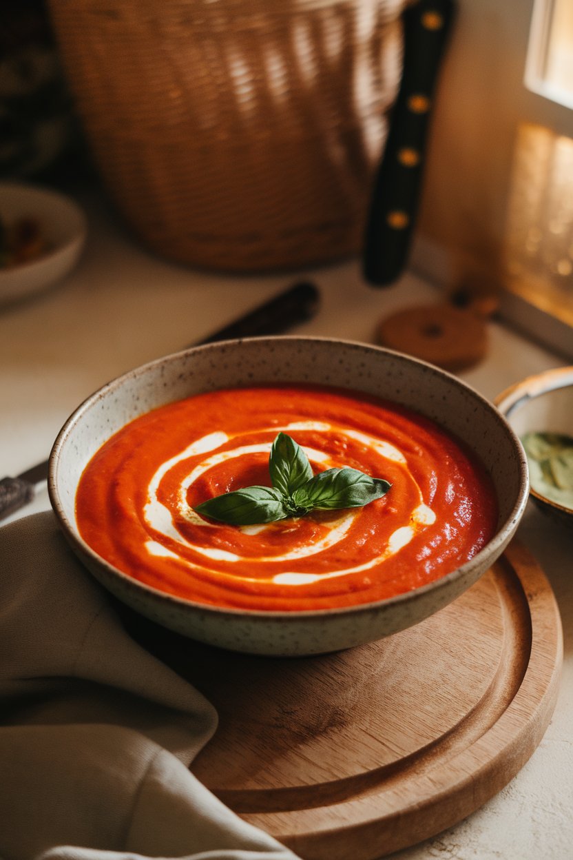 Indoor photo of a smooth orange-red tomato bisque in a shallow bowl, topped with a swirl of cream and fresh basil ribbons; warm ambient lighting. No text or logos present.