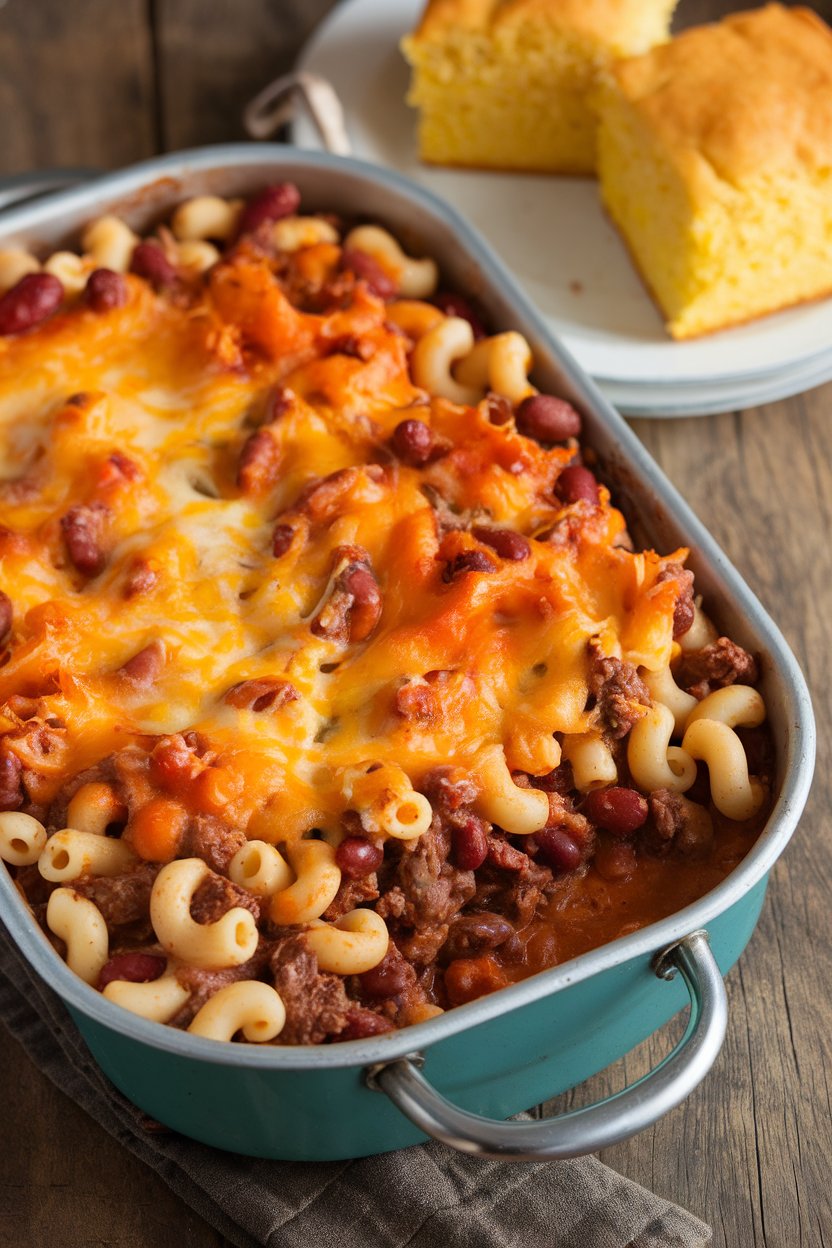 Photo indoors of a casserole pan filled with chili mac—elbow pasta, beans, and lean beef—topped with melted cheese, no text.