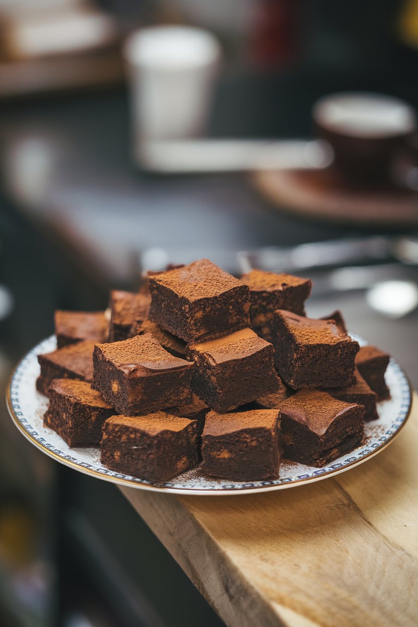 Indoor plate of small fudgy brownie squares dusted with espresso powder, no text or logos