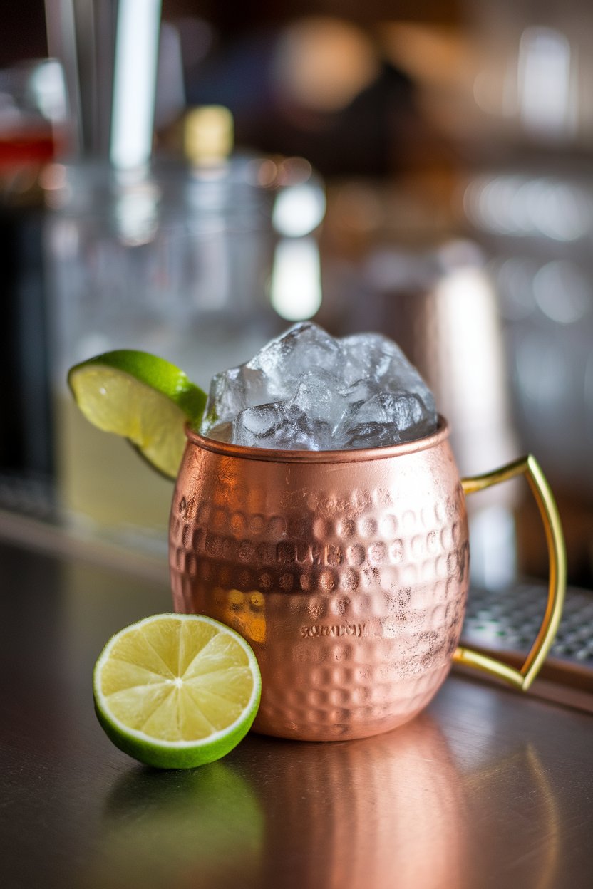 Indoor bar top with a copper mug holding kombucha-based mock mule, crushed ice mound, lime wedge, no logos.