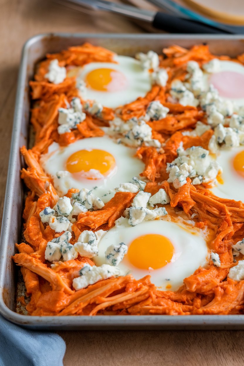 Indoor image of a sheet pan with baked eggs, shredded buffalo-sauced chicken, and crumbled blue cheese melting on top. No text or logos.