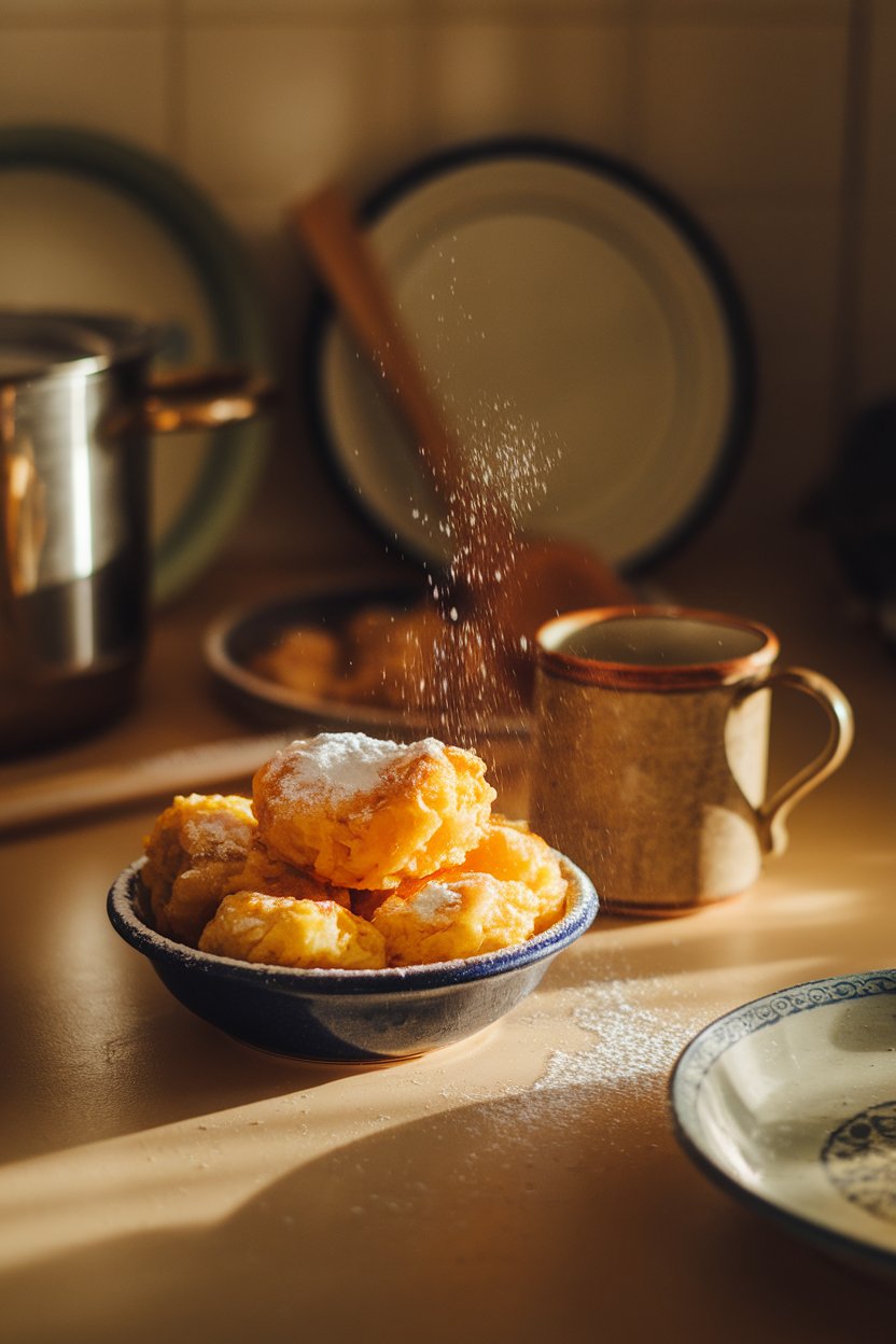 A warmly lit indoor kitchen scene displaying a small bowl of golden rice fritters dusted with powdered sugar; a vintage coffee mug nearby. No text or logos. Photo.