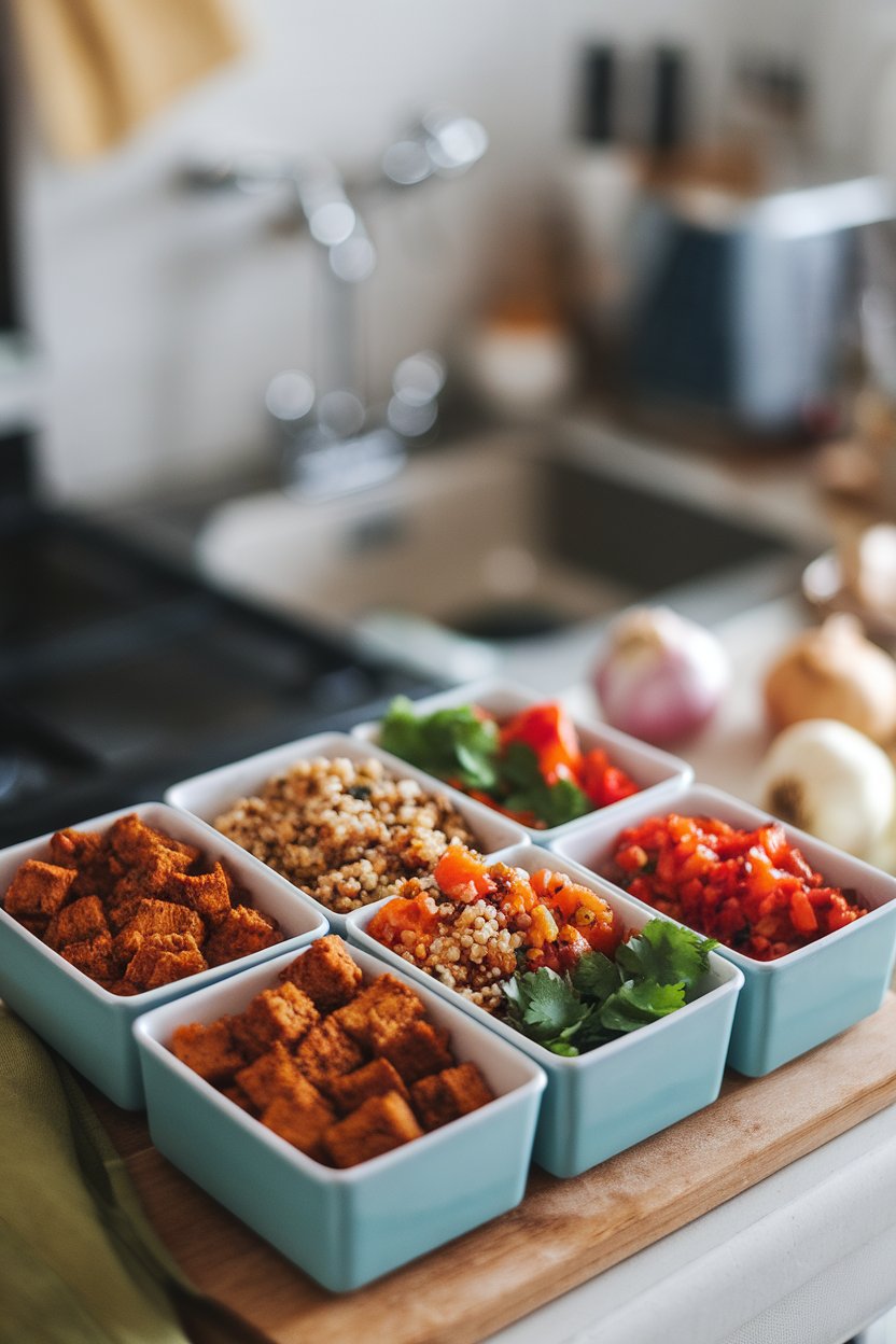 Indoor photo of divided containers filled with spiced tofu crumbles, quinoa, roasted peppers, and salsa. No text or logos.