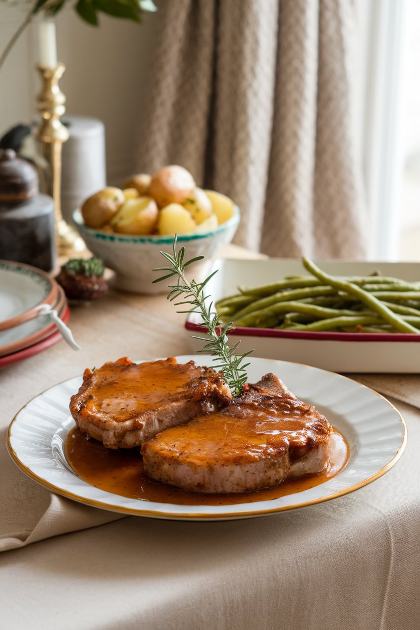 Cozy dining table with plate of pork chops glazed in amber sauce, sprig of rosemary garnish, no text or logos.