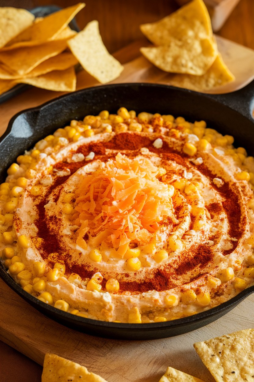 Indoor photo of creamy corn dip topped with cotija cheese and chili powder in a cast-iron skillet, tortilla chips nearby. No logos present.