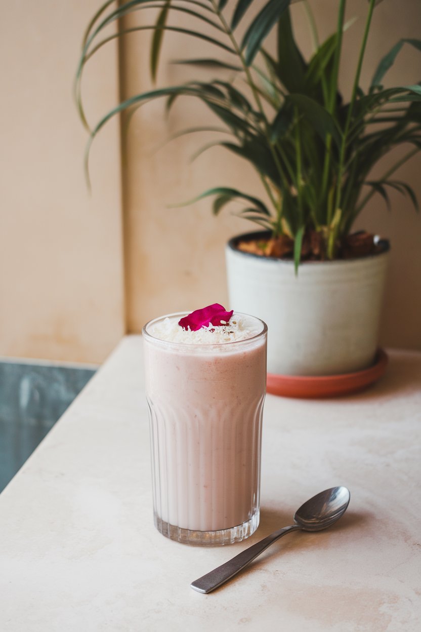 An indoor cafe counter with tall glass of pale-pink lassi, coconut flakes on foam, rose petal accent; photo, not illustration; no text or logos.