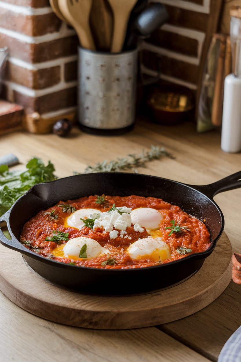 A cast-iron skillet on an indoor breakfast table showing poached eggs nestled in spiced tomato sauce, sprinkled with feta. No text or logos. Photo.