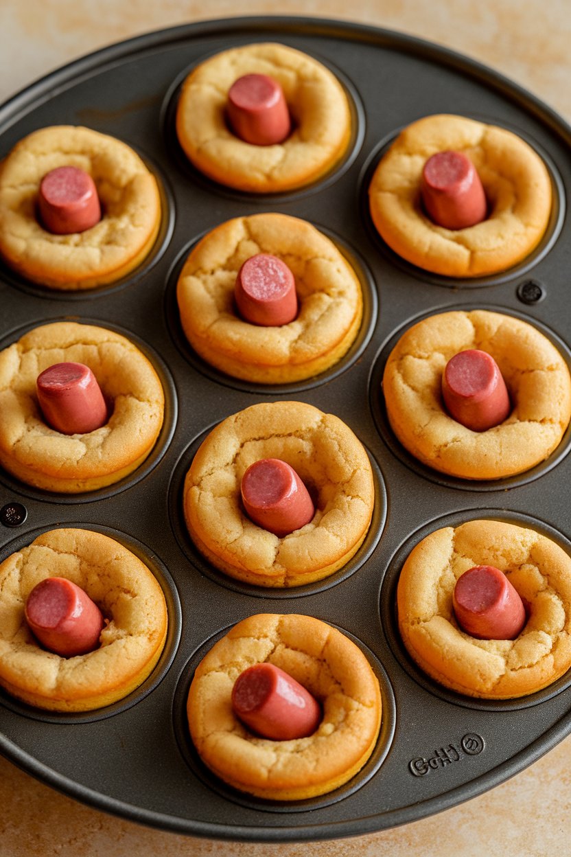 Indoor muffin tin holding golden mini corn dog muffins with visible hot dog pieces in the center, no text or logos. Photo only.