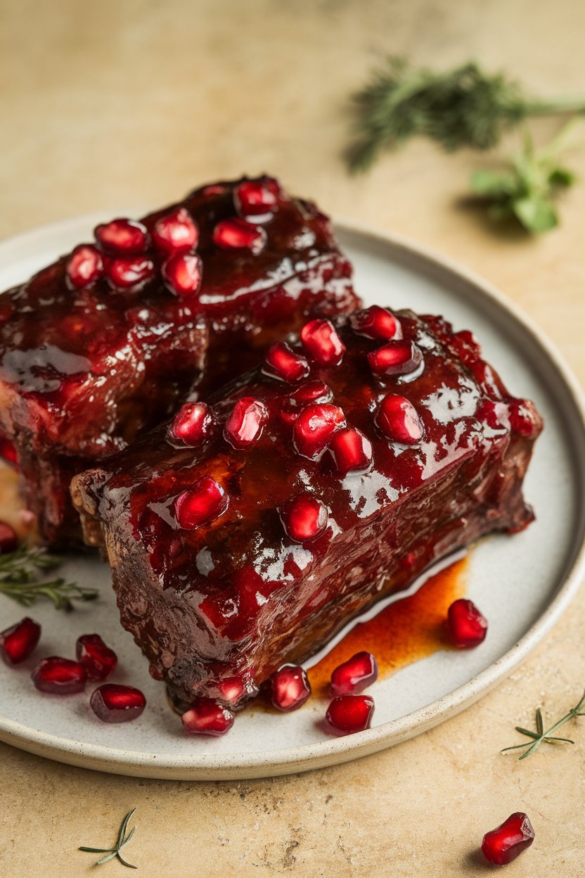 Indoor photo of short ribs in a dark, glossy pomegranate glaze with scattered pomegranate arils; no text or logos