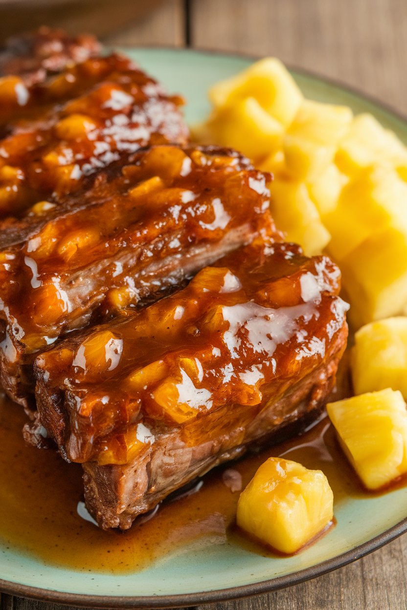 Indoor photo of short ribs in pineapple-soy glaze, pineapple tidbits alongside; no text or logos