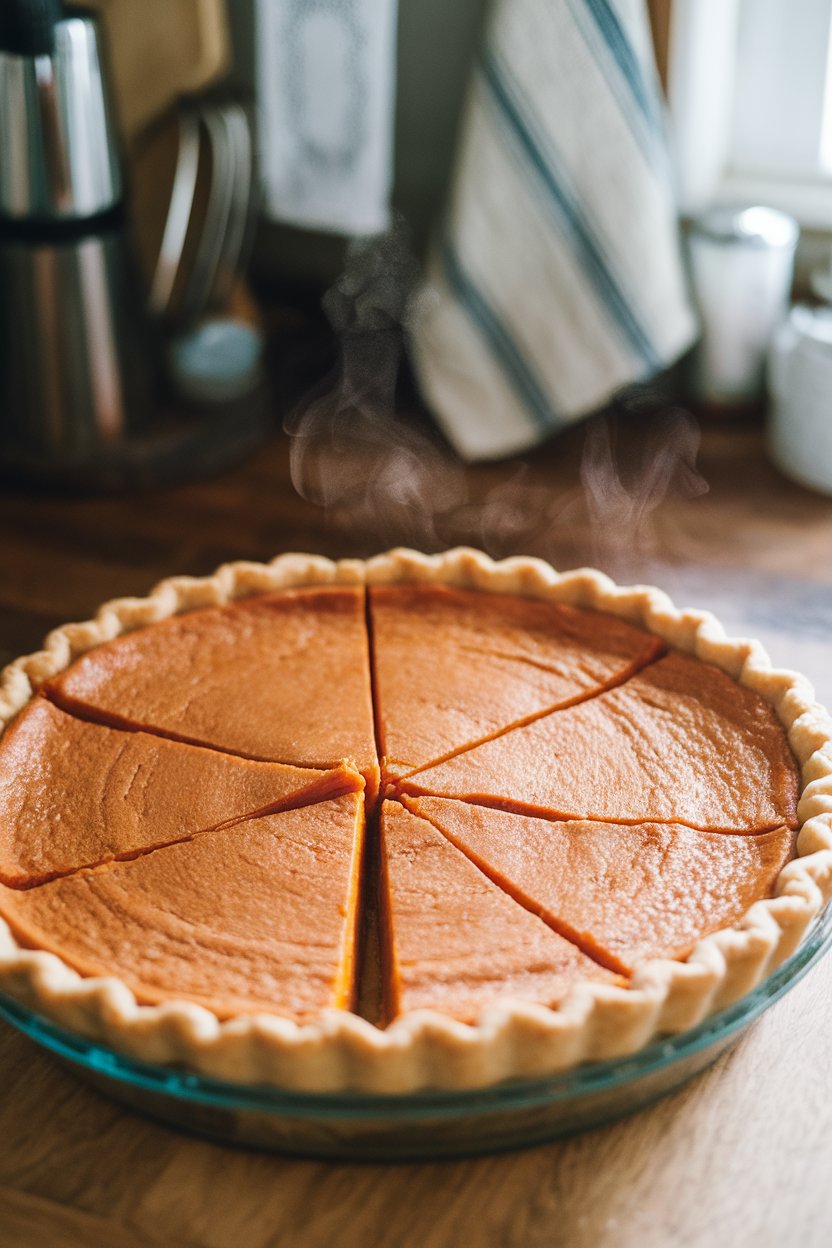 An indoor kitchen counter with a cooled sweet potato pie cut into clean slices, a hint of steam rising. No text or logos. Photo.