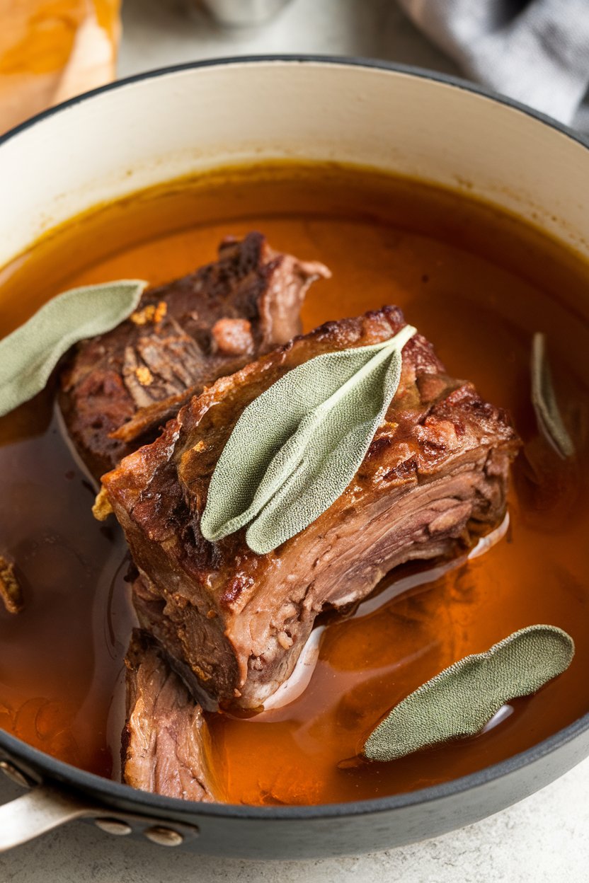 Indoor photo of short ribs in amber pumpkin ale broth, crispy sage leaves on top; no text or logos
