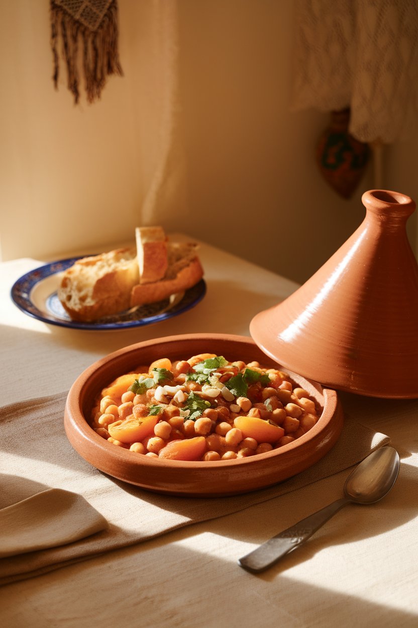 A warmly lit indoor table with a bowl of Moroccan chickpea tagine—apricots, chickpeas, and tomatoes—garnished with almonds and cilantro. No logos or text. Photo only.