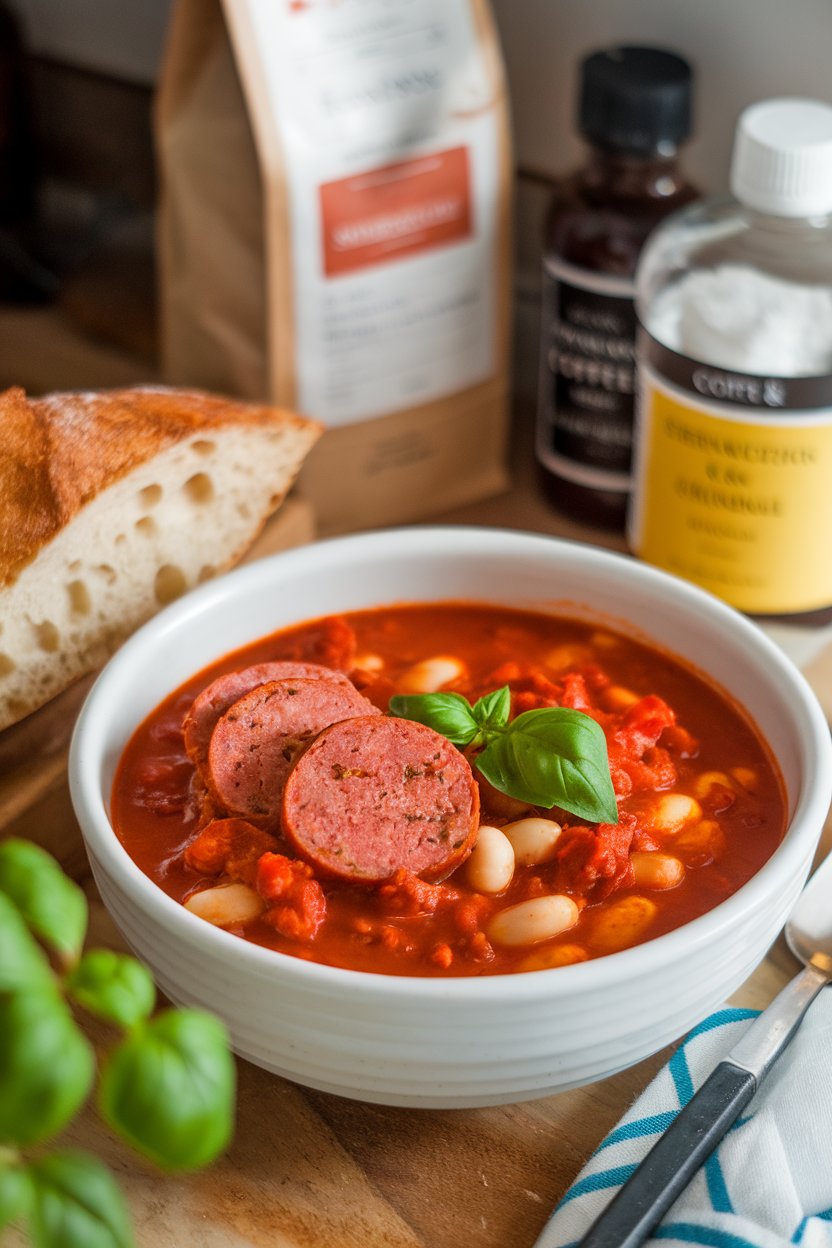 A cozy indoor scene with a bowl of tomato-rich chili showcasing Italian sausage slices and white cannellini beans, garnished with basil. No text or logos.