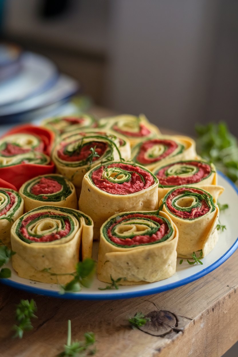 An indoor plate of colorful tortilla pinwheels revealing red hummus and spinach spirals inside—no text or logos. Photo, not illustration.