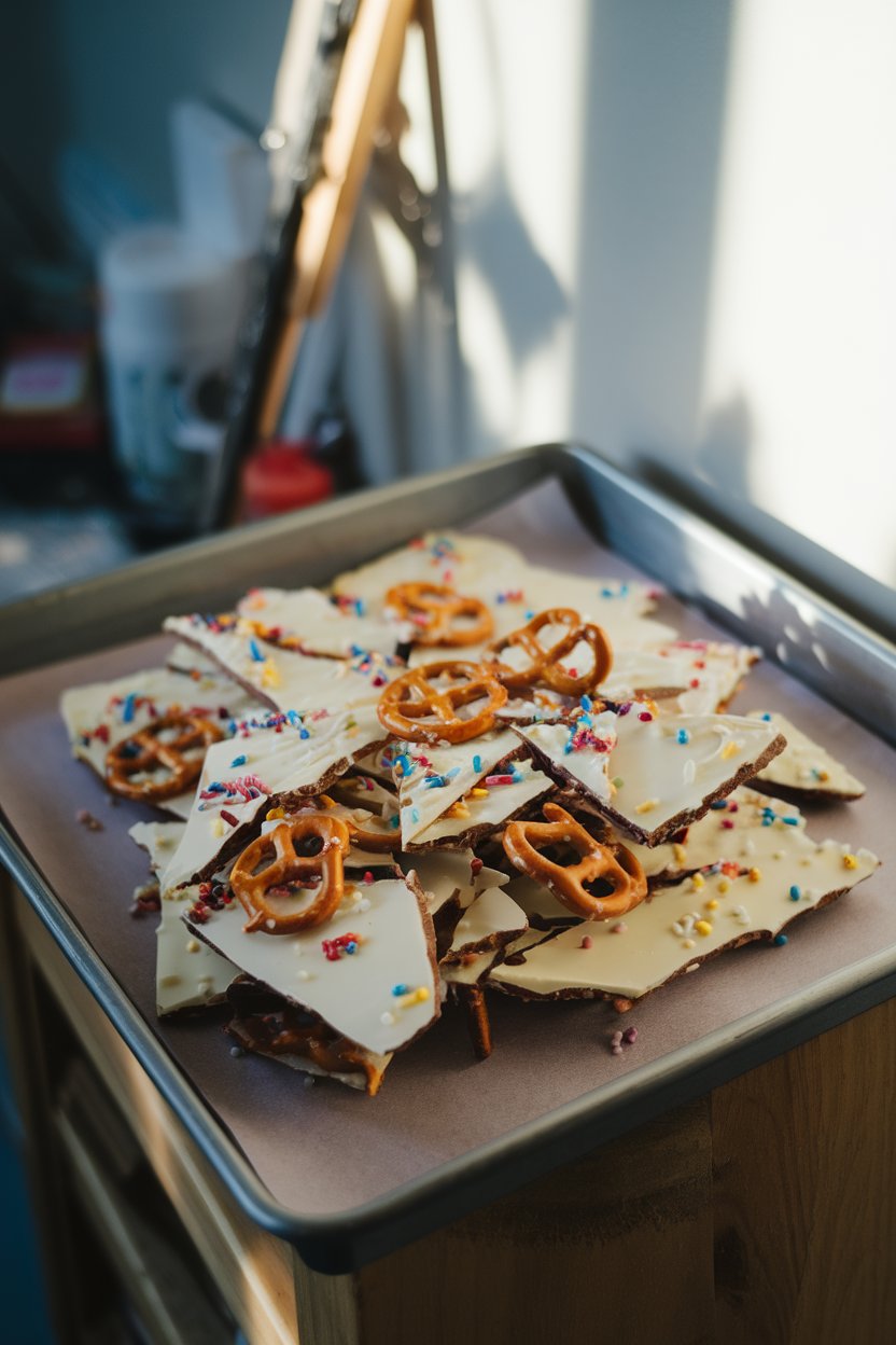 Indoor tray with broken shards of white chocolate bark studded with pretzel pieces and colorful sprinkles, no text or logos. Photo only.