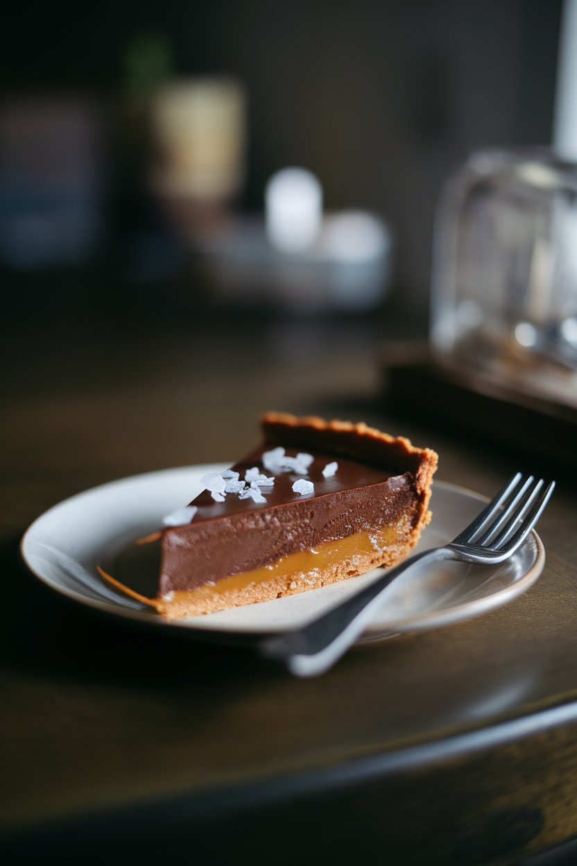 A dimly lit indoor table featuring a slice of chocolate tart with a visible layer of caramel beneath glossy ganache, sea salt flakes on top. Photo, no text or logos.