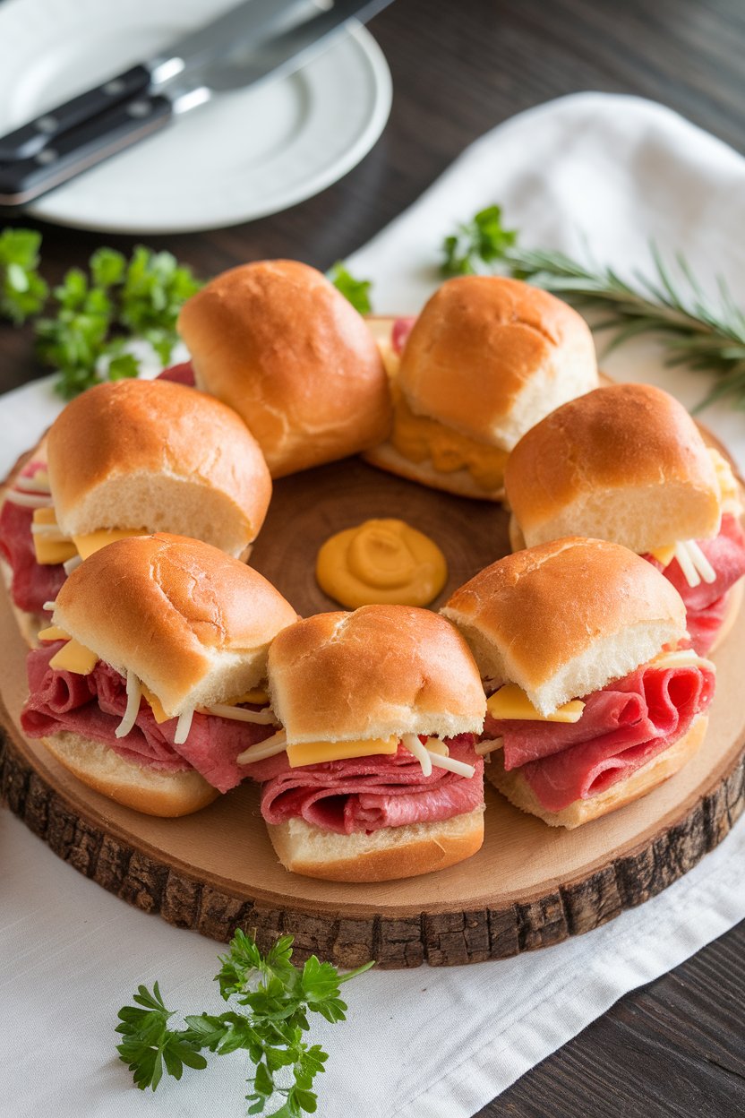 An indoor serving board topped with mini brioche buns filled with sliced corned beef, melty Swiss cheese, and a dab of mustard. No logos or text visible.